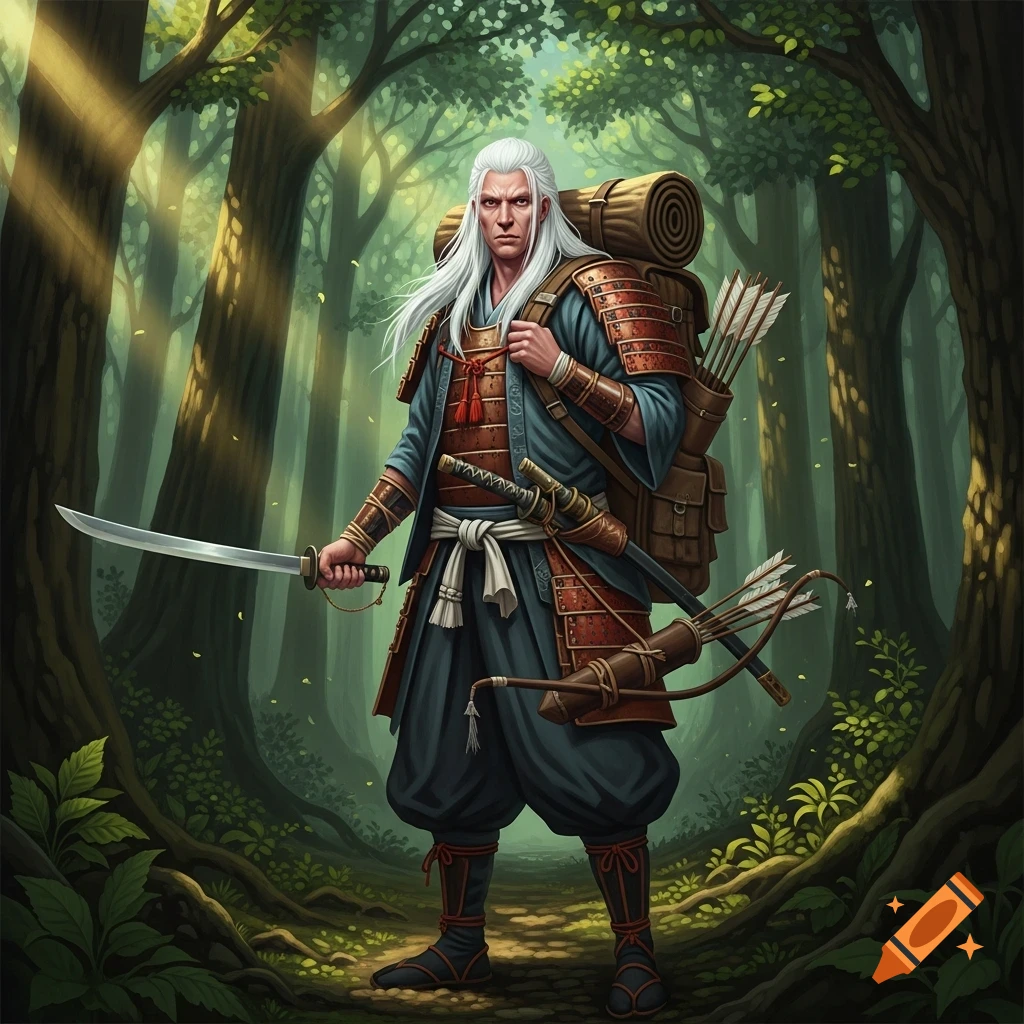 An albino samurai with long white hair, armor, and a backpack, standing in a sun-dappled forest, holding a katana.