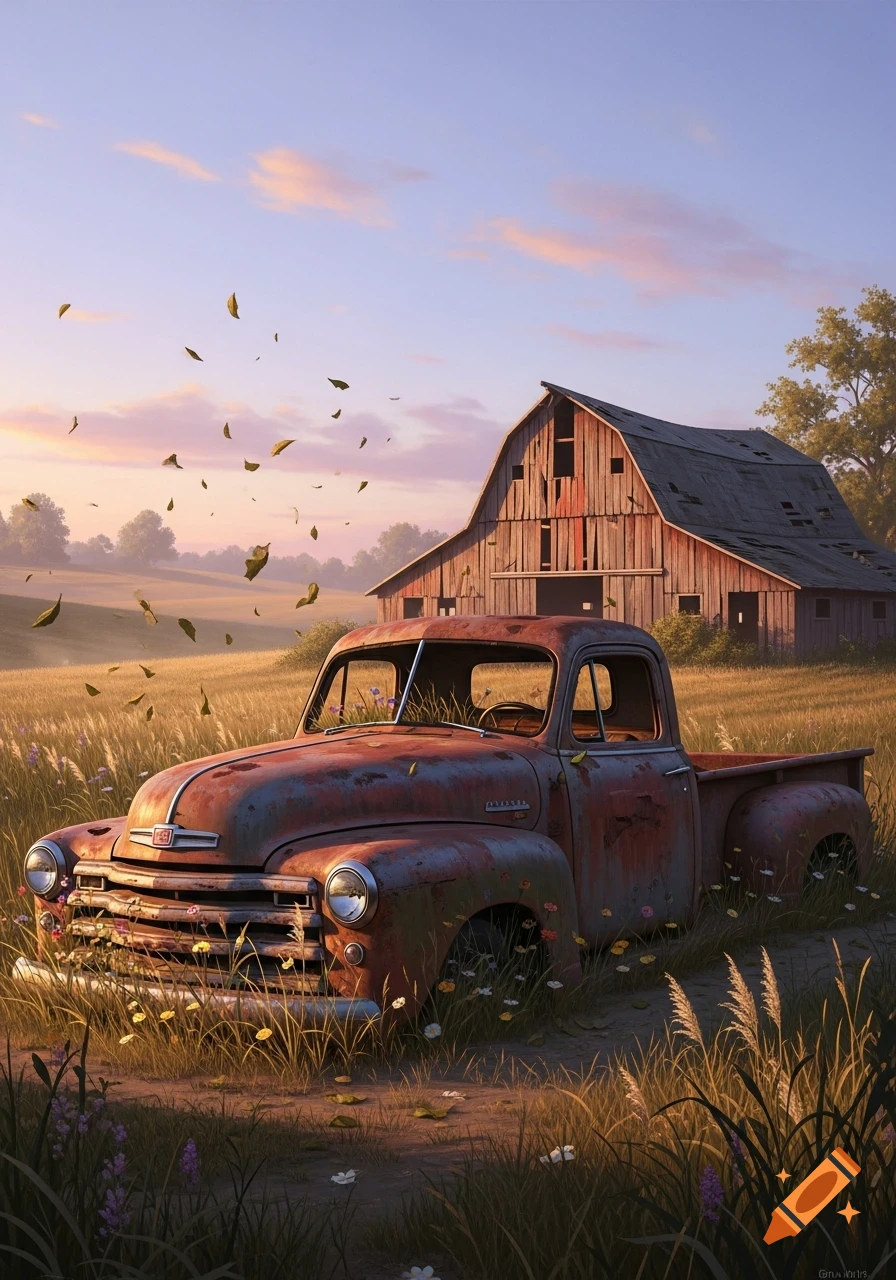 An abandoned rusty pickup truck sits in a sun-drenched field with an old wooden barn in the background under a pastel sky.