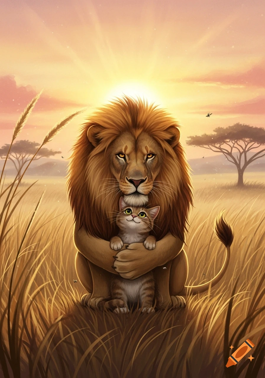 An illustrated lion gently hugs a small tabby cat in a golden savanna at sunset.