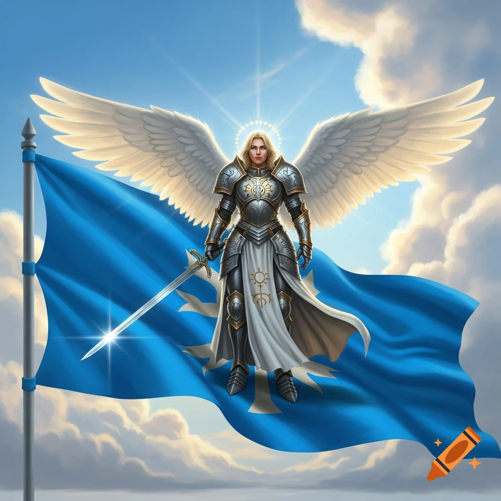 A blonde angel in shining silver armor with large white wings, holding a glowing sword, stands before a blue flag in a cloudy sky.