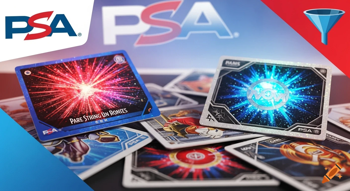 Close-up of several trading cards on a table, with two prominent in the foreground. One card glows red, the other blue, set against a blurry 'PSA' logo background with a blue funnel icon.