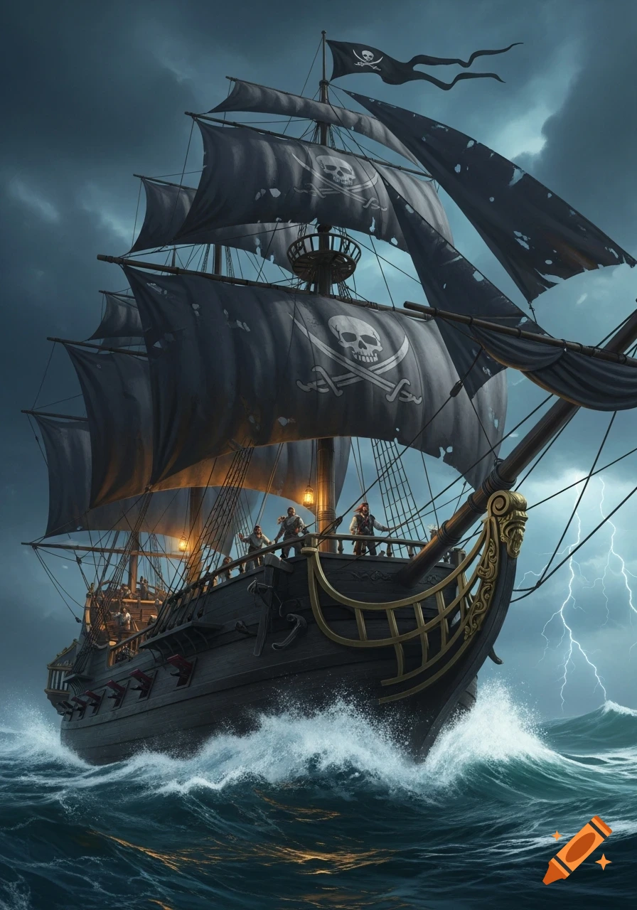 A dramatic illustration of a pirate ship with black skull and crossbones sails battling stormy seas and lightning.