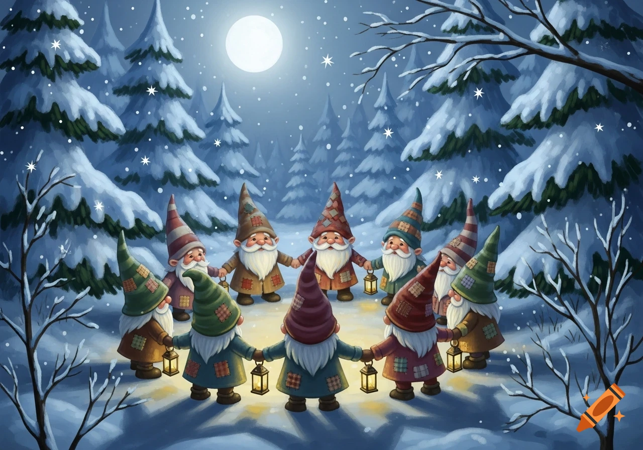 Illustrated gnomes holding hands in a circle in a snowy winter forest under a full moon, with some holding lanterns.