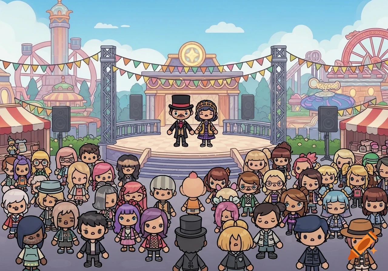 A large crowd of stylized cartoon people watches a man in a top hat and a woman on a stage in a vibrant amusement park setting.