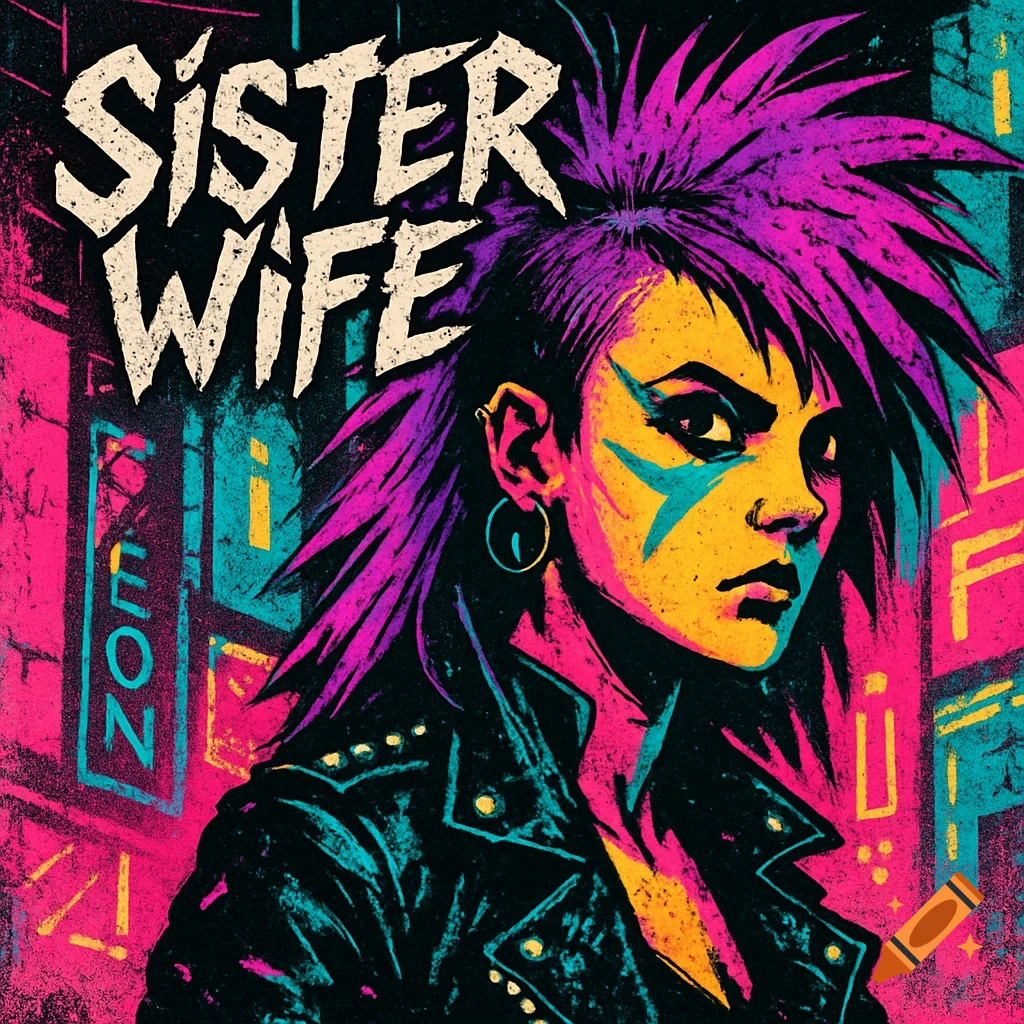 Stylized neon punk portrait of a woman with purple spiked hair and a leather jacket, against a background of city lights, with 'SISTER WIFE' at the top.