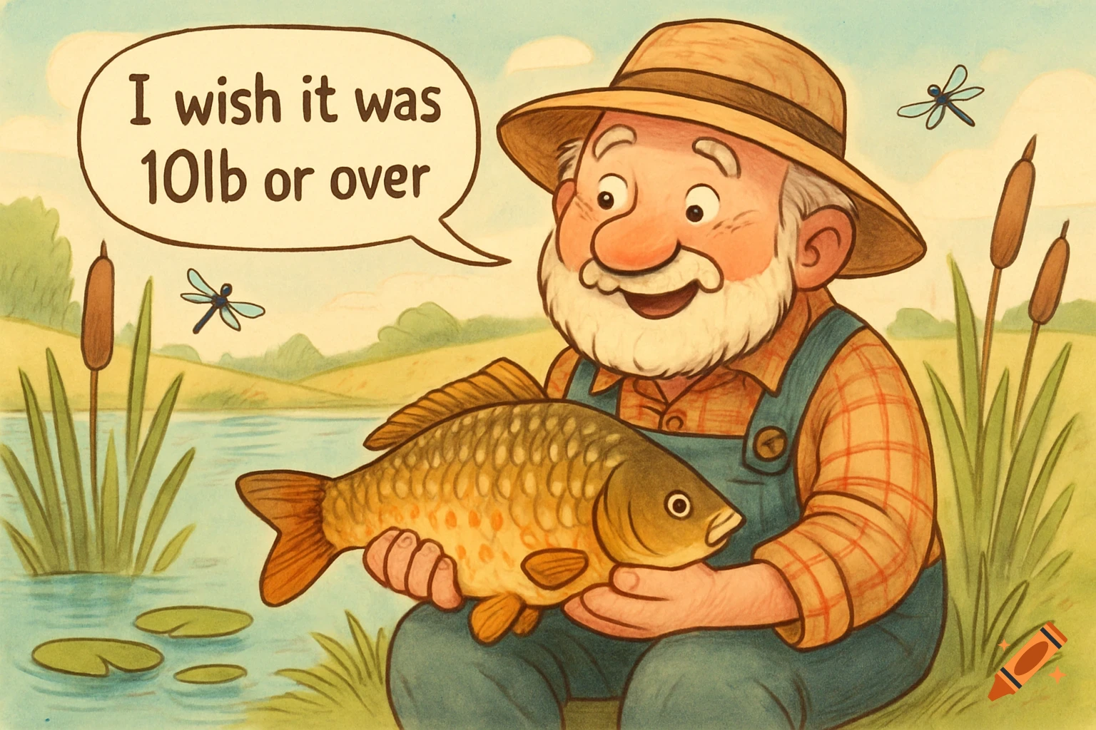 Cartoon illustration of an old fisherman in a hat and overalls, holding a large carp by a pond, wishing it was 10lb or over.