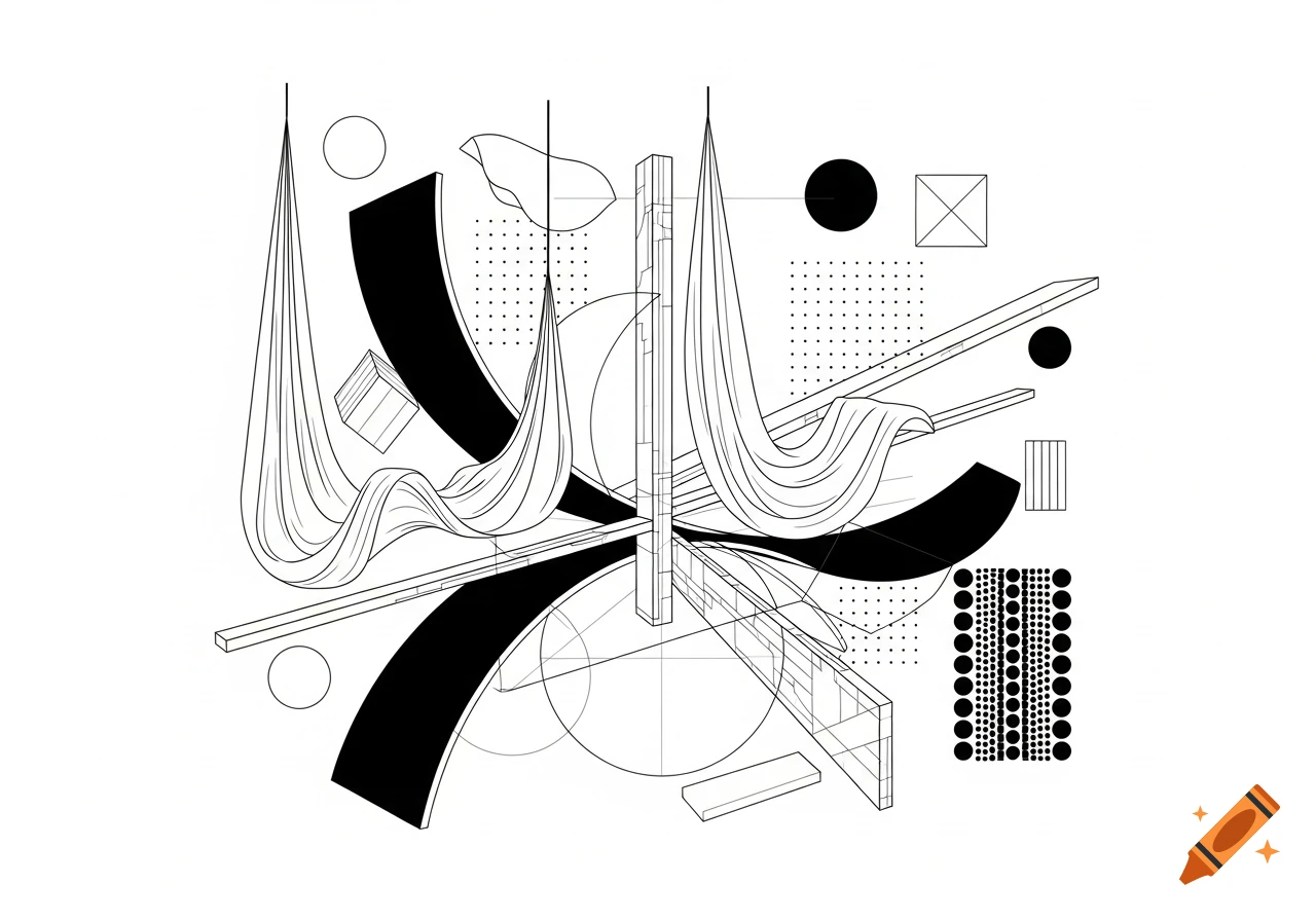 Abstract black and white architectural line drawing with geometric shapes, dotted patterns, hanging curves, and bold planar arcs.