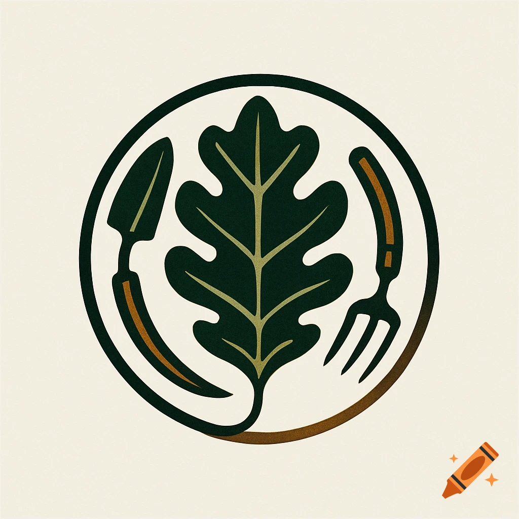 A circular logo featuring a dark green oak leaf flanked by a trowel and a fork, outlined in black and brown.