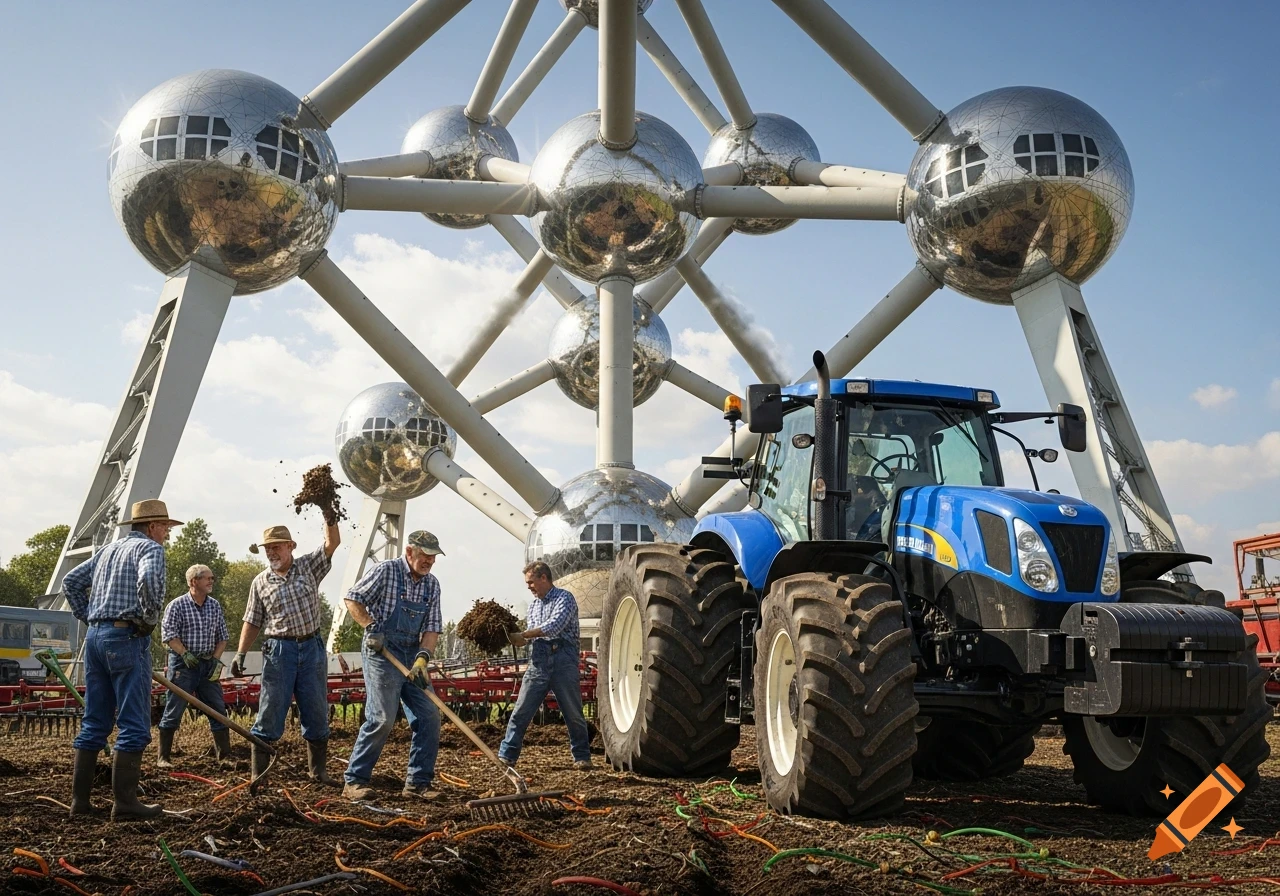 Farmers with tools work in a field with a blue tractor, with the Atomium structure towering in the background under a blue sky.