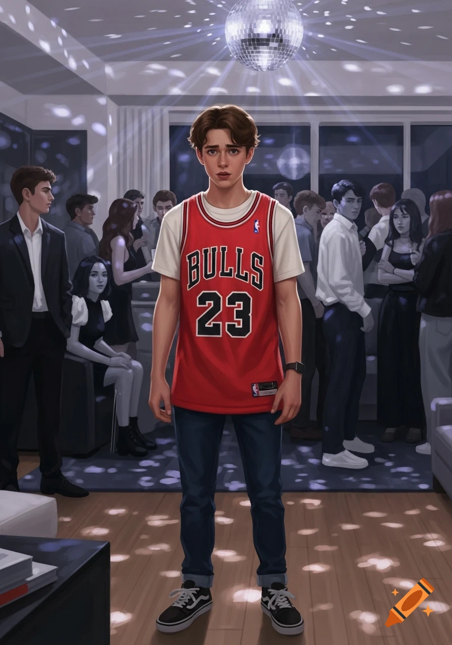 An illustrated young man in a red Bulls jersey stands awkwardly at a party under a disco ball, surrounded by people in dark clothes.