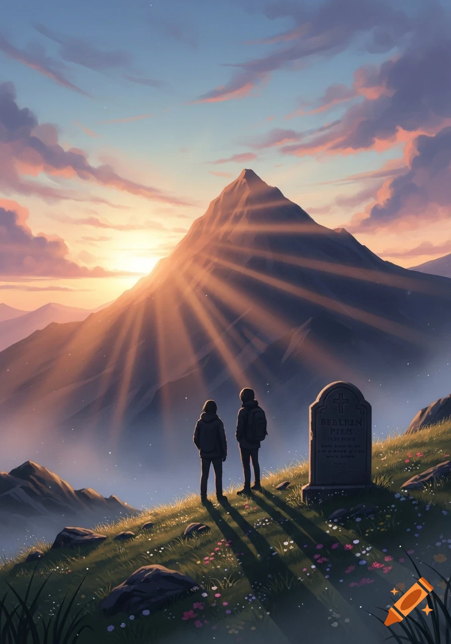 Two silhouetted figures stand on a grassy hill next to a tombstone, watching the sunrise over a majestic mountain with glowing rays in an illustrative style.