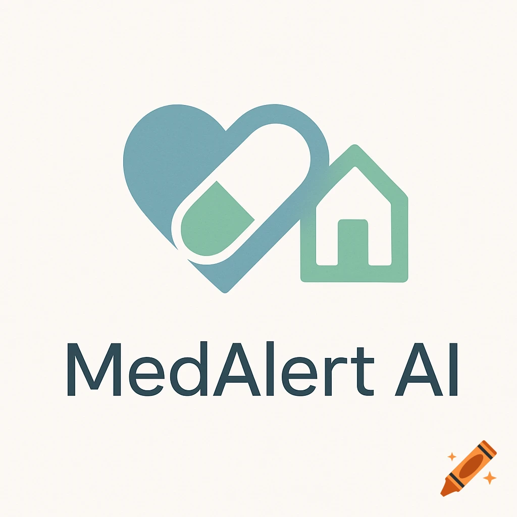 MedAlert AI logo with a blue heart, a pill, and a green house icon, with text 'MedAlert AI'.