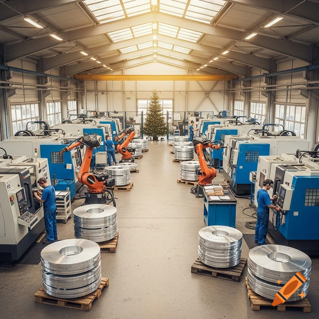 A wide shot of a factory floor with blue CNC machines, orange robotic arms, and workers. A Christmas tree stands in the center.