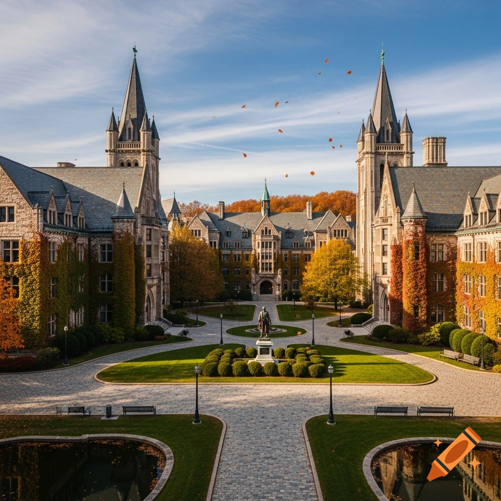 Photorealistic overhead view of a historic university campus in autumn, with stone buildings covered in ivy and colorful fall leaves on the ground and flying in the sky.