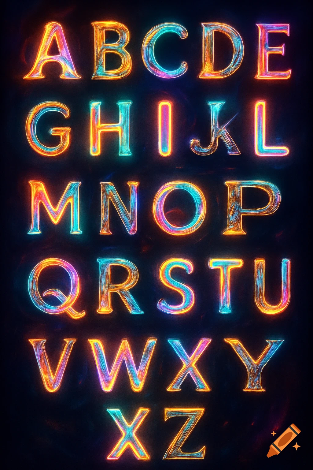 The uppercase English alphabet, A through Z, rendered in vibrant glowing neon colors on a dark background.