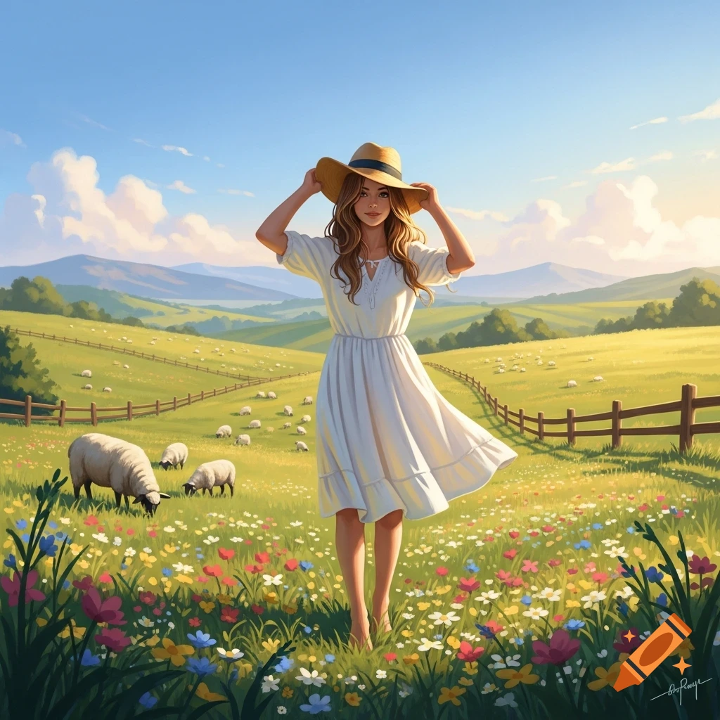 Smiling woman in a white dress and straw hat stands barefoot in a flower-filled field with sheep and green hills under a blue sky, illustration.