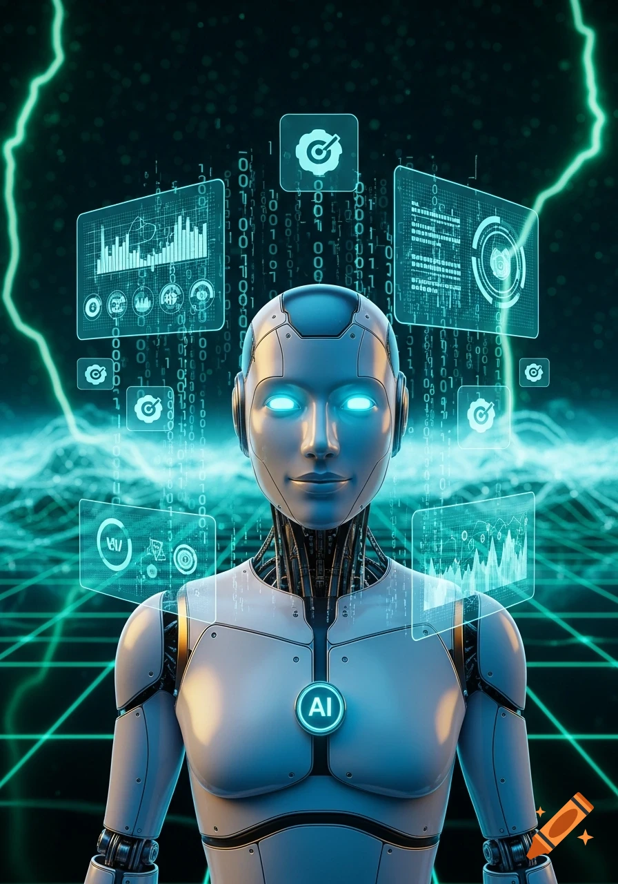 A sleek humanoid robot with glowing blue eyes and an 'AI' emblem on its chest, surrounded by holographic data screens and digital lightning.