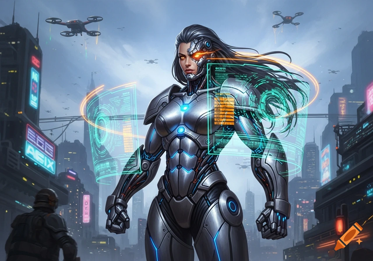 A powerful female cyborg in silver armor stands amidst a futuristic city with glowing holographic screens and flying drones. Digital art.