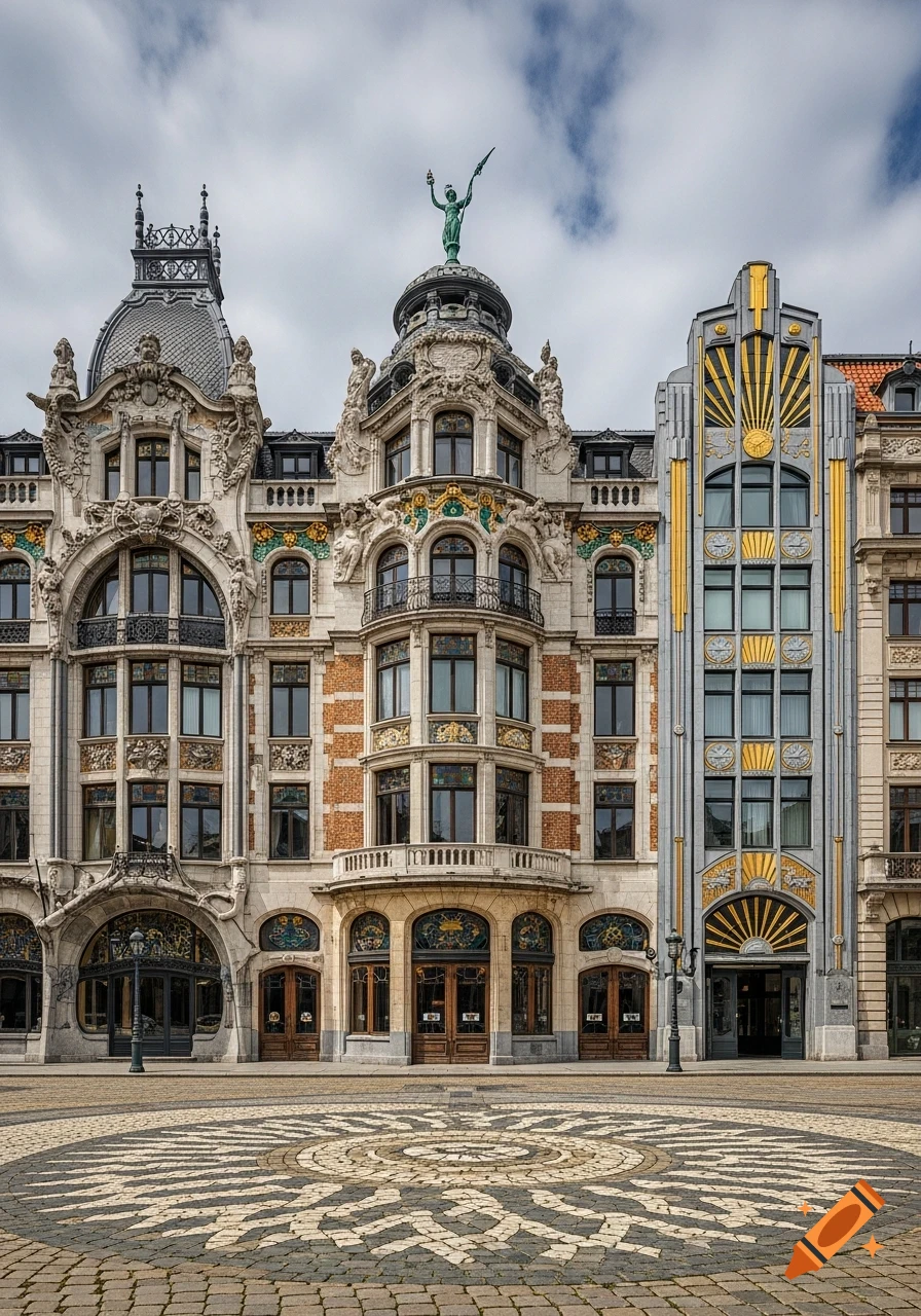 A grand building showcasing Art Nouveau, Baroque, and Art Deco architectural styles, with a patterned cobblestone ground.