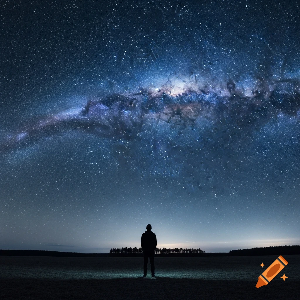 Silhouette of a person standing in a dark field, looking up at a vibrant, star-filled Milky Way galaxy in the night sky.