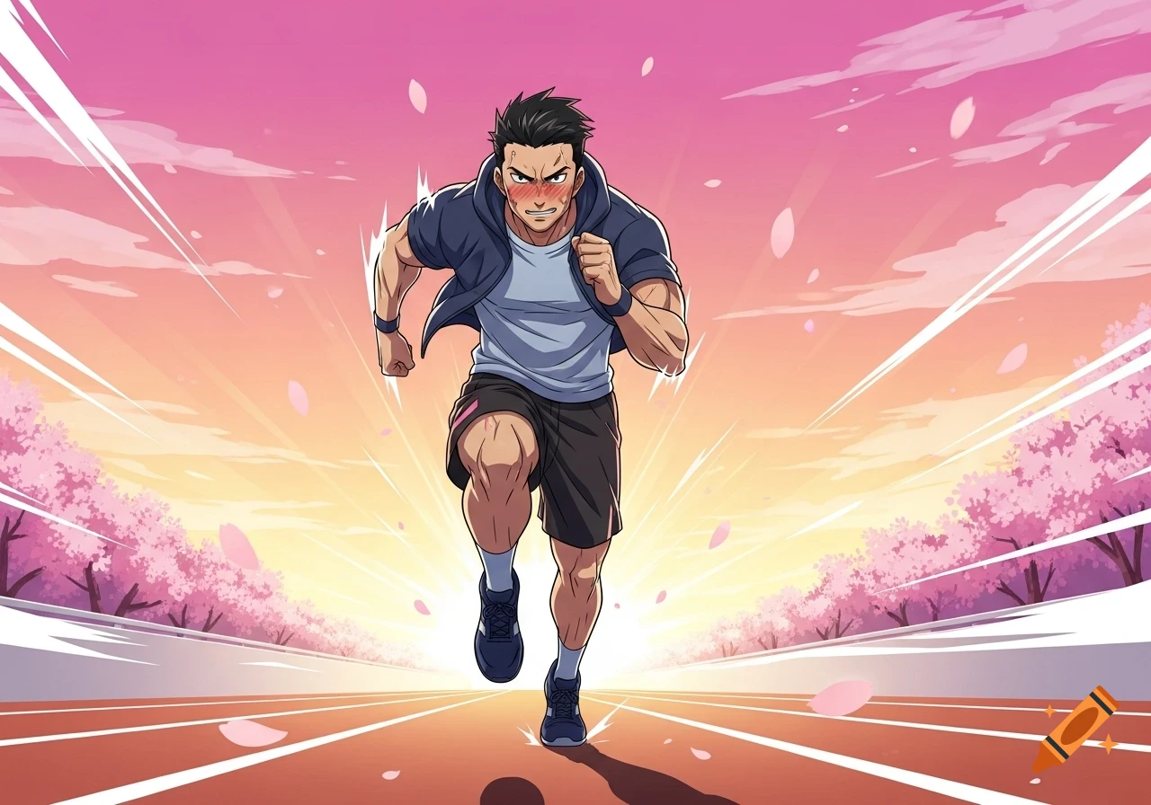 A muscular man runs on a track lined with pink cherry blossom trees at sunset in an anime style.