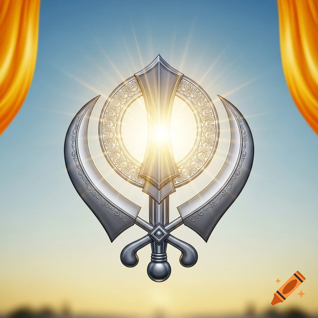 A radiant metallic Sikh Khanda symbol with sun rays, framed by golden curtains against a sunrise sky.