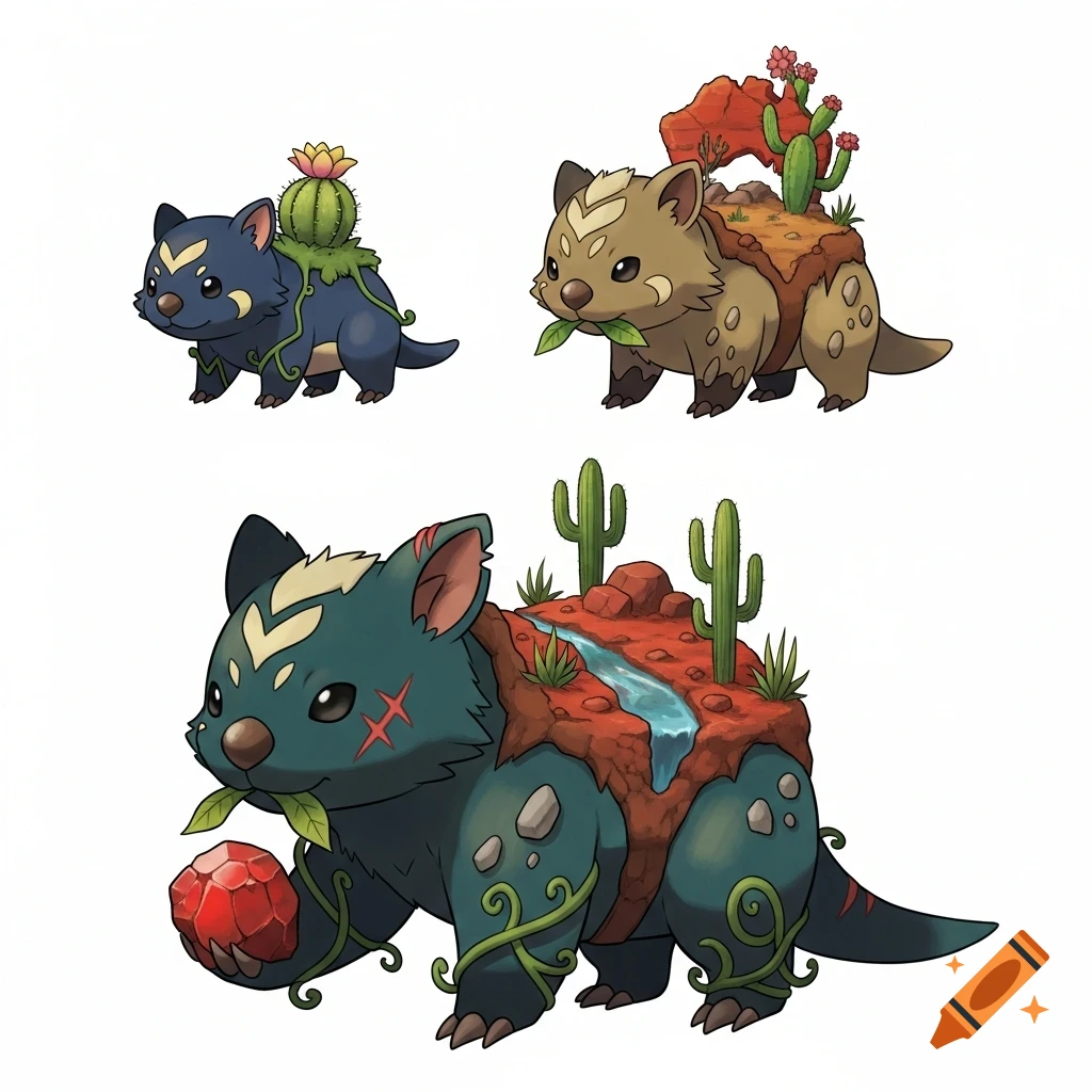 Three cartoon-style wombat-like creatures, each with unique desert and plant-themed features on their backs, evolving from small to large.