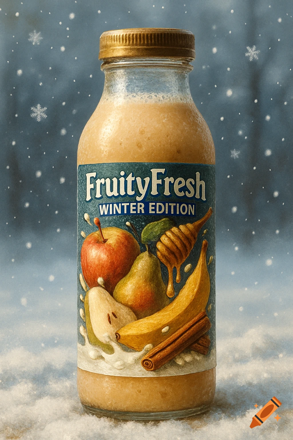 A bottle of FruityFresh Winter Edition smoothie with a label depicting apple, pear, banana, honey, and cinnamon, set in a snowy background.
