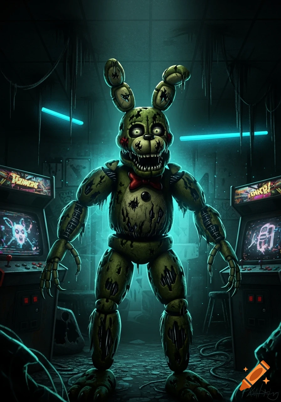 A creepy, damaged green animatronic rabbit from Five Nights at Freddy's, Springtrap, stands in a dark, rundown arcade lit by neon blue lights.