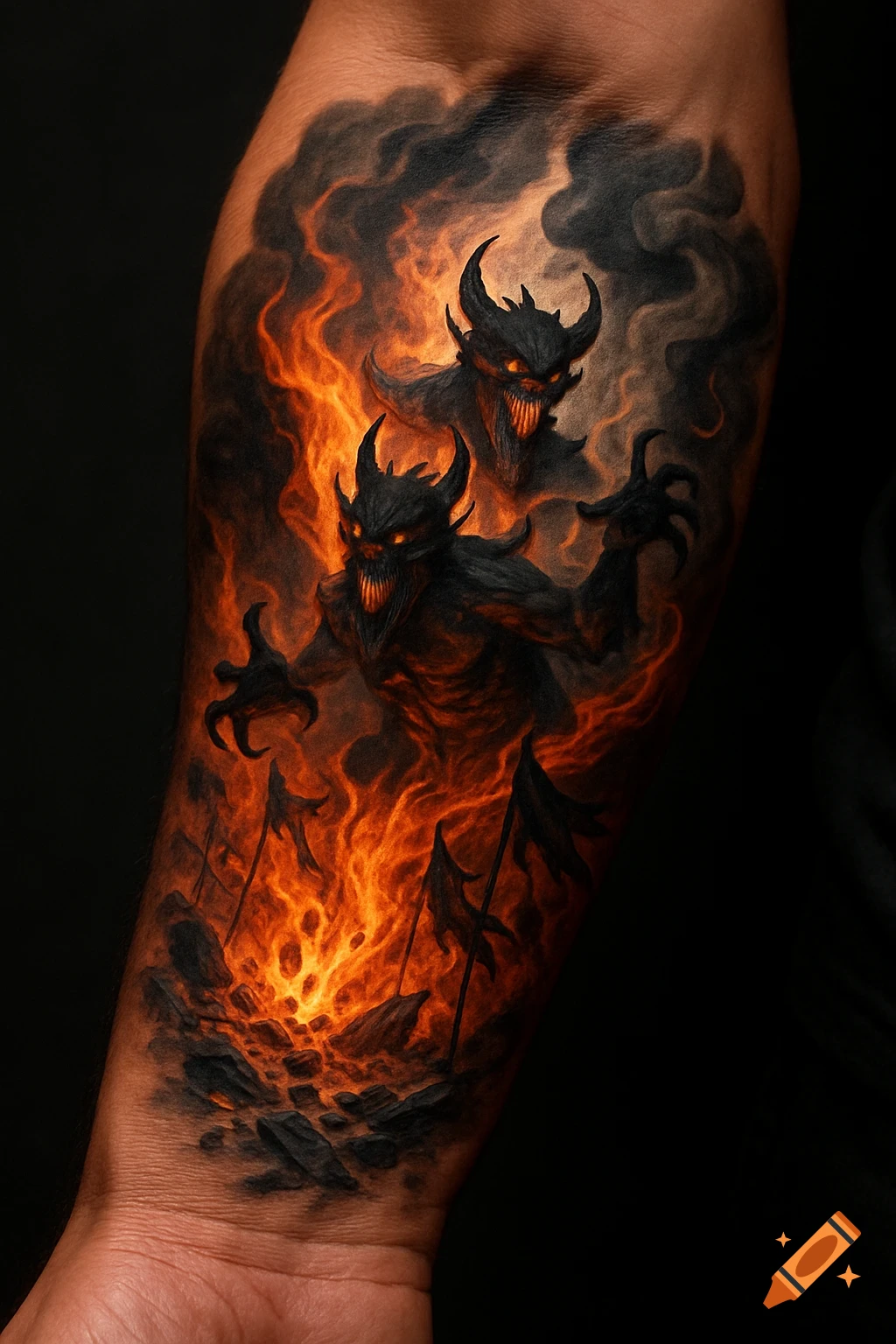 A detailed tattoo of two horned demons with glowing eyes emerging from a fiery, smoke-filled hellscape on a person's arm.