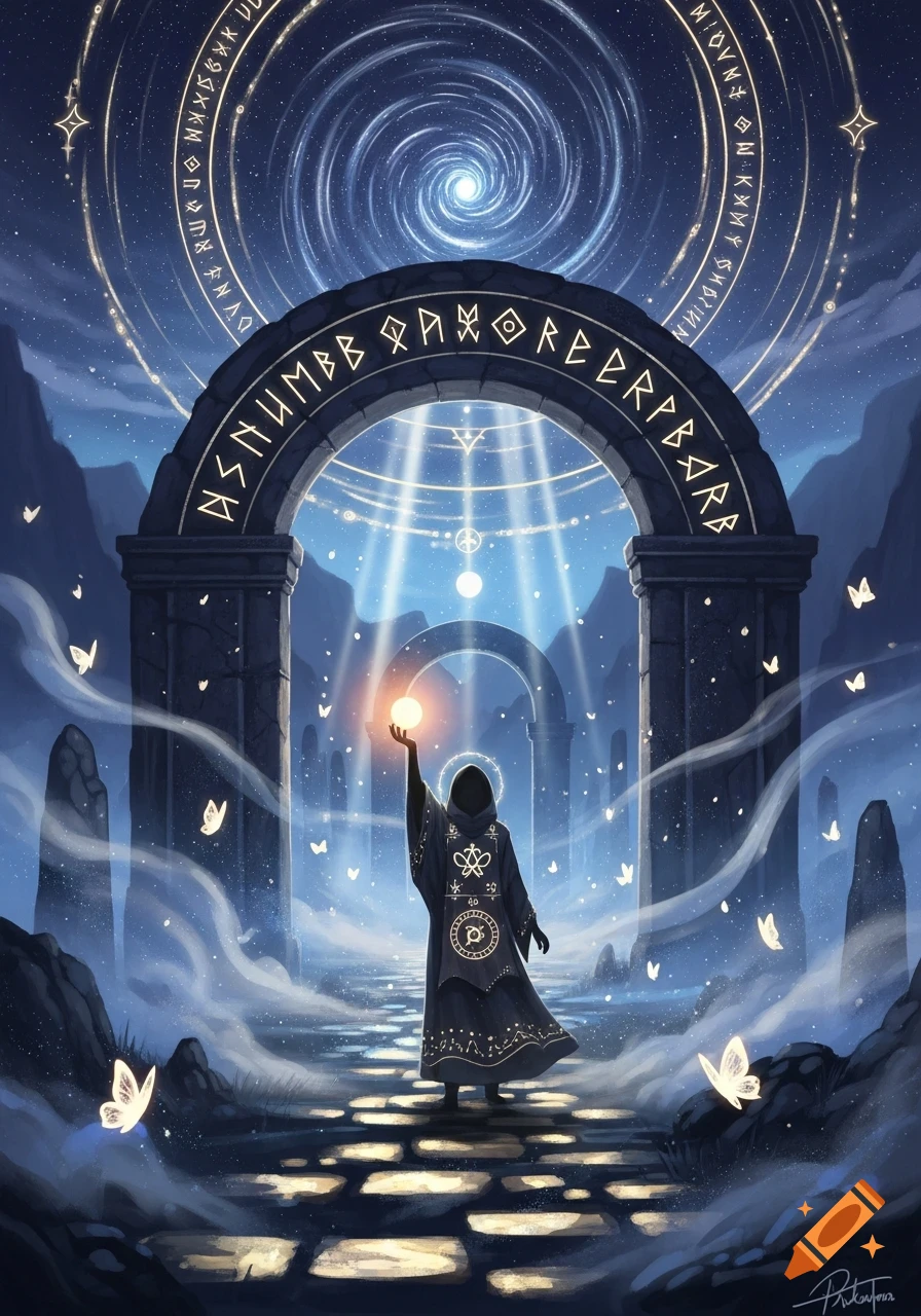 A hooded figure in a dark robe holds a glowing orb before a runic stone archway under a starry, swirling night sky, with glowing butterflies.