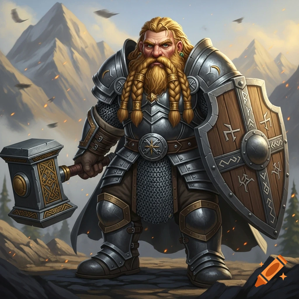 A strong, blond-haired dwarf paladin in plate armor, holding a warhammer and a wooden shield with runes, stands in a mountain landscape.