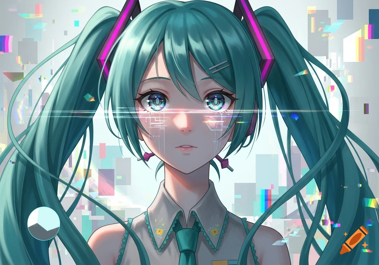 A digital art portrait of Hatsune Miku with turquoise pigtails, large blue eyes, and glitch-like effects in the background.
