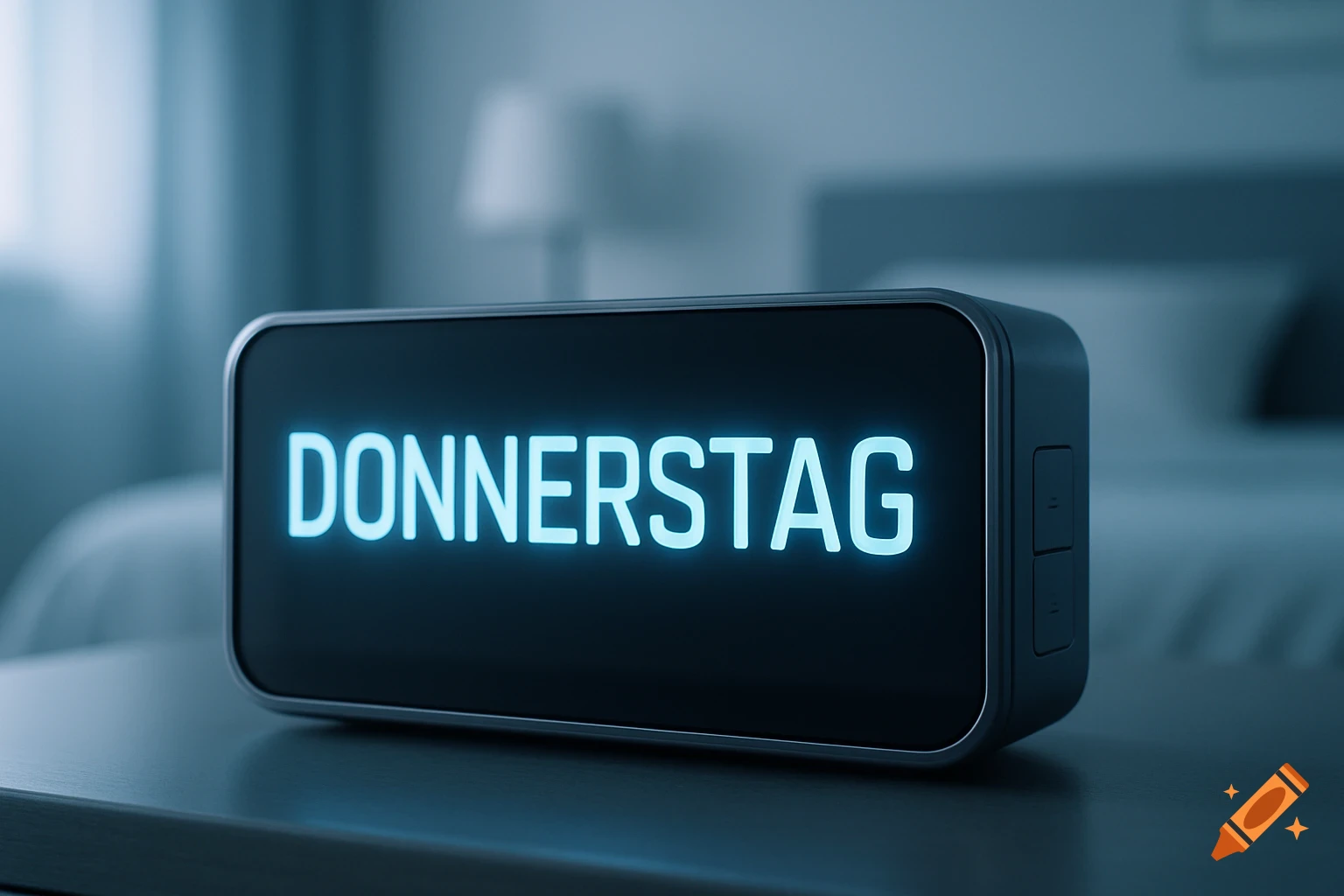 A digital alarm clock displaying the word 'DONNERSTAG' (Thursday) on a bedside table in a dimly lit bedroom.