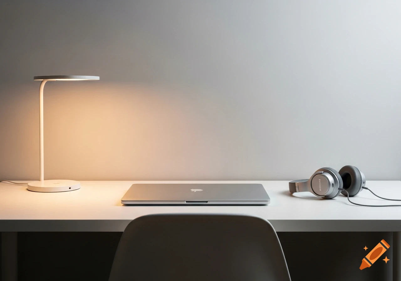 A minimal desk setup with a white lamp, closed silver laptop, and grey headphones against a grey wall.