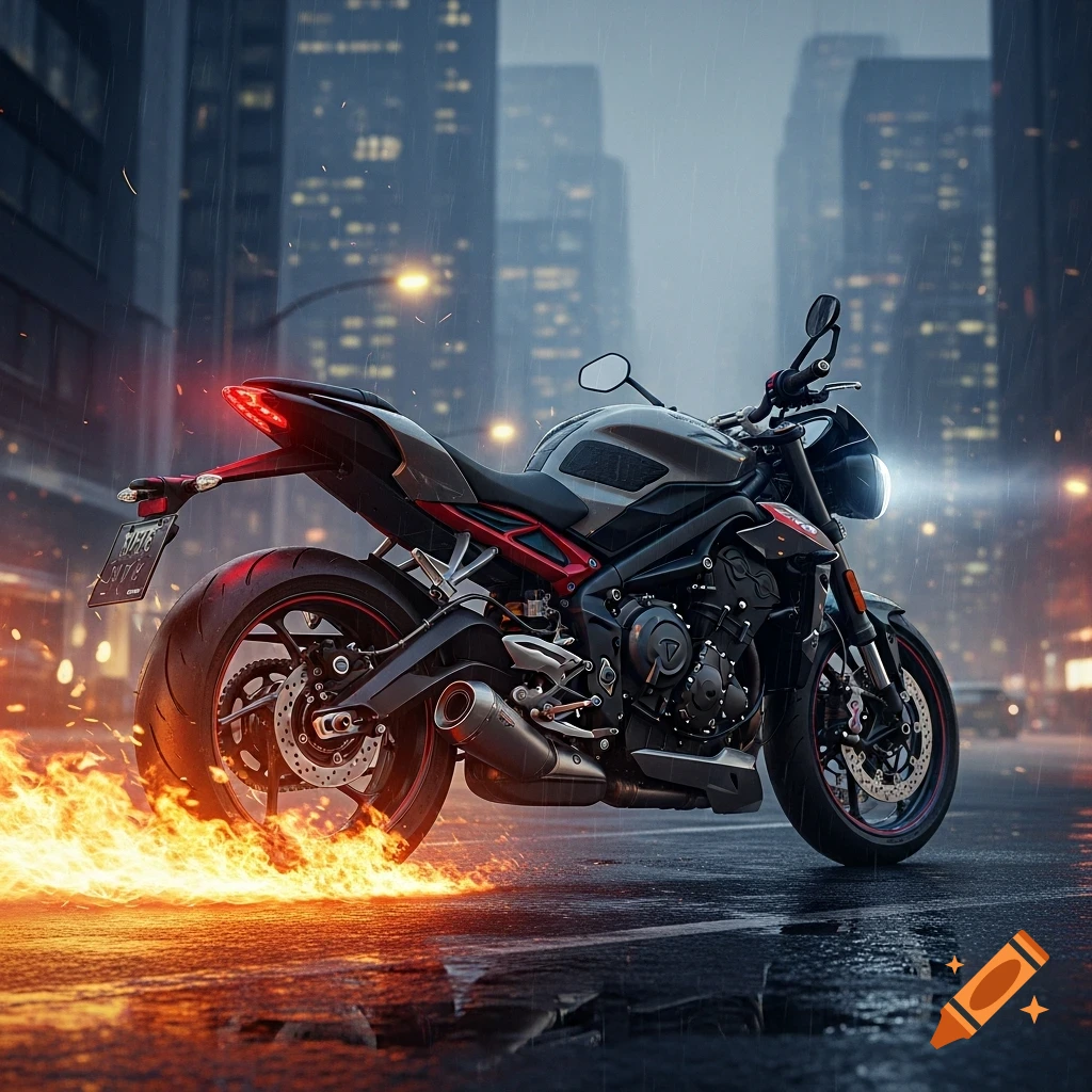 Photorealistic image of a custom motorcycle with flames emanating from its rear tire on a wet street, with a rainy city background at night.