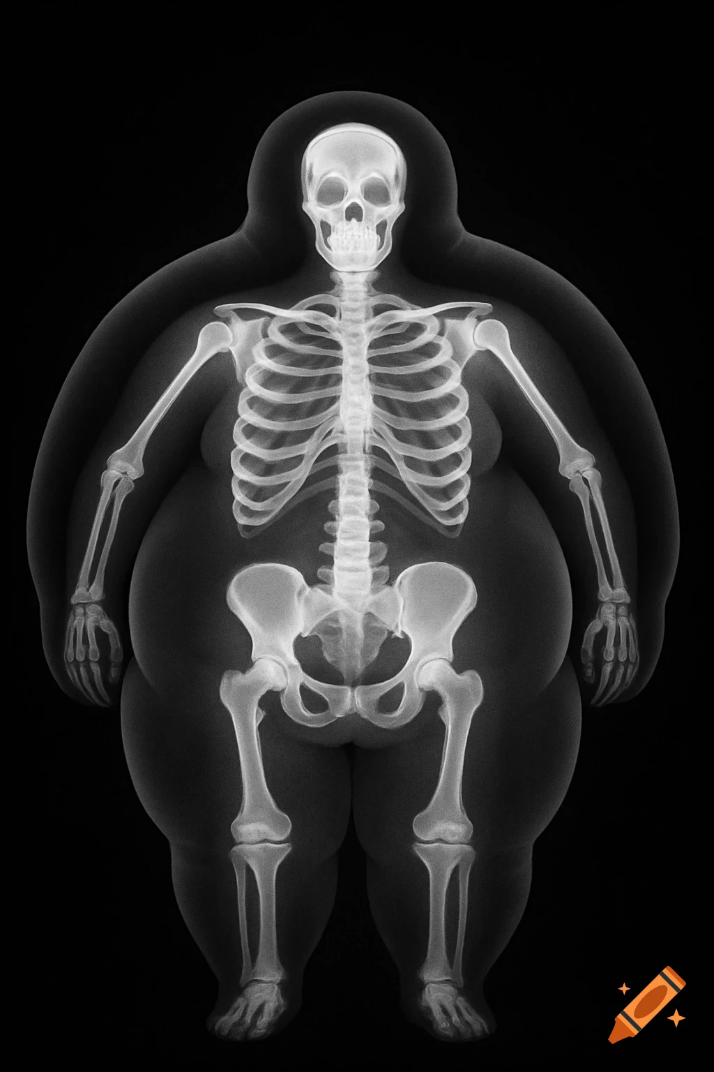 High-contrast X-ray of a full human skeleton within an extremely obese, rounded body silhouette on a black background.