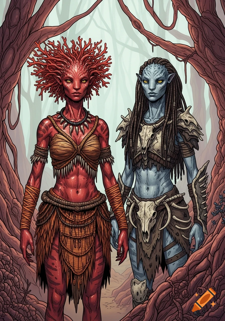 Red and blue alien women in tribal attire stand in a vibrant, fleshy forest, drawn in a Moebius-like illustration style.