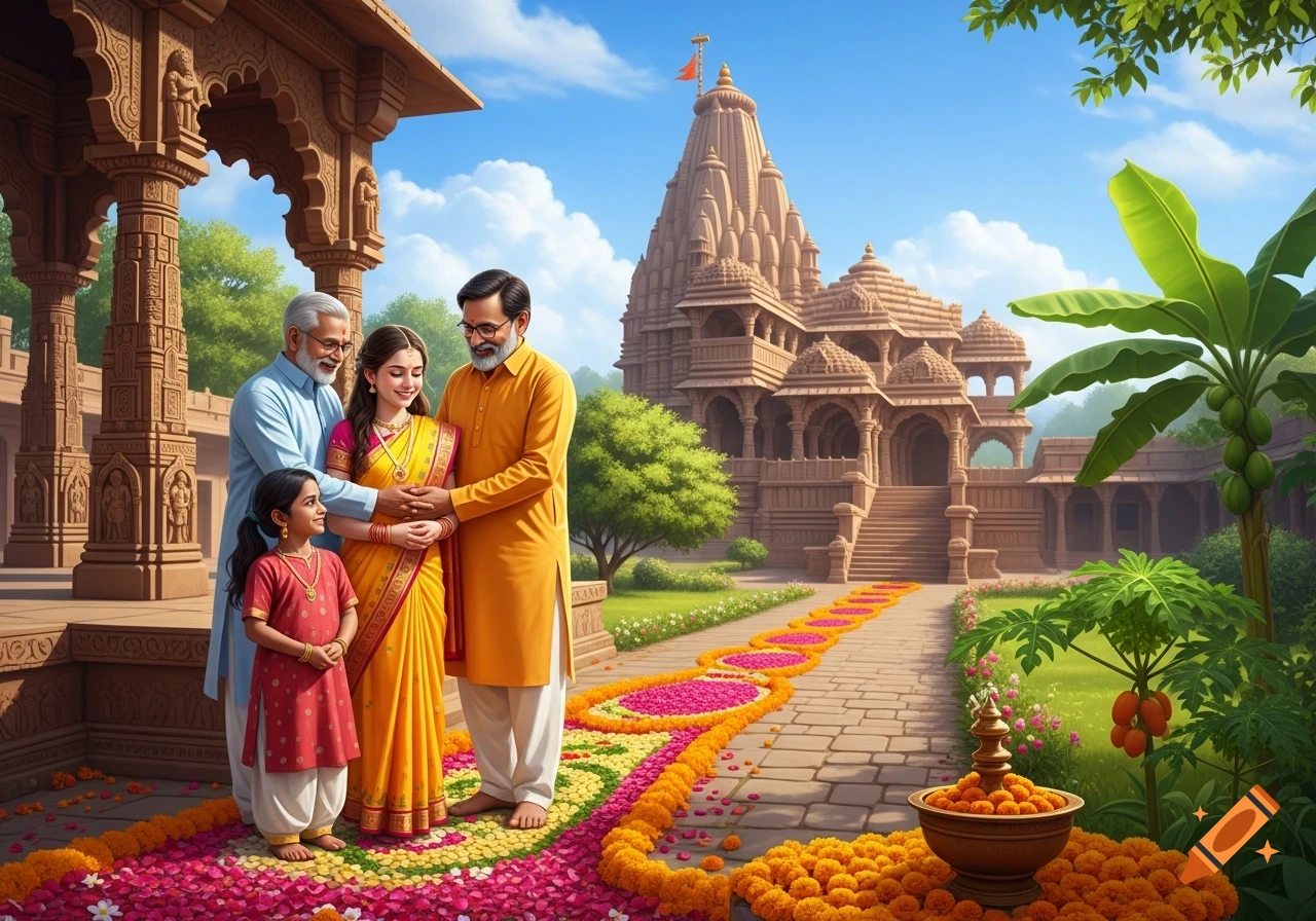 An Indian family, including a child, parents, and an elder, stands smiling on a flower-decorated path in front of a grand temple under a blue sky.
