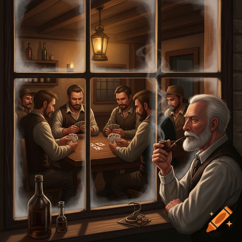 An older man smoking a pipe looks out a window at several men playing cards in a warmly lit, rustic pub.