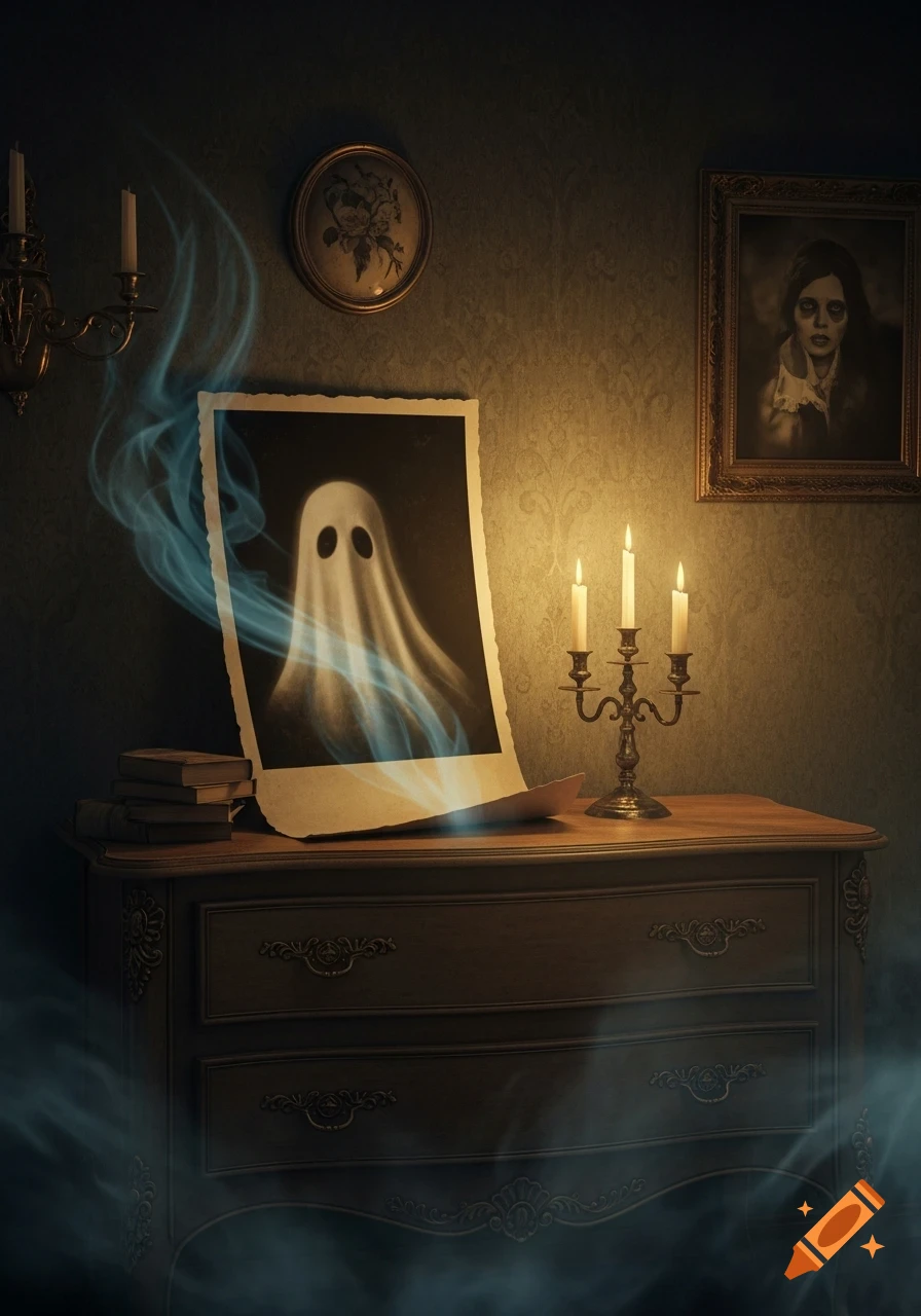A ghost photograph on an antique dresser, surrounded by candles, books, and an unsettling portrait in a dimly lit, gothic room.