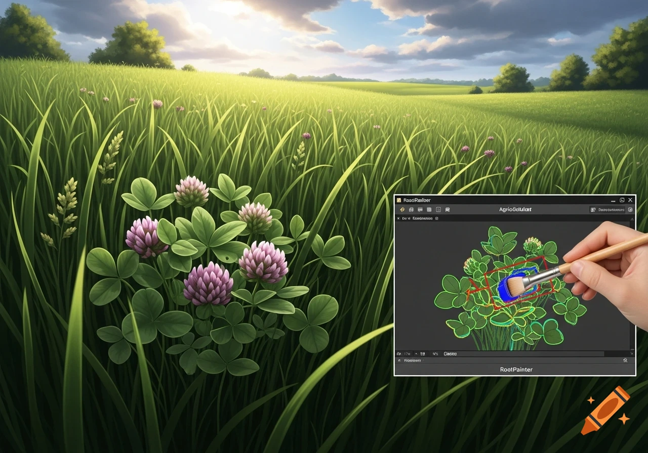 Illustrated image of a lush green field with clover, overlaid with a digital interface showing a hand using a brush to select clover in RootPainter software.