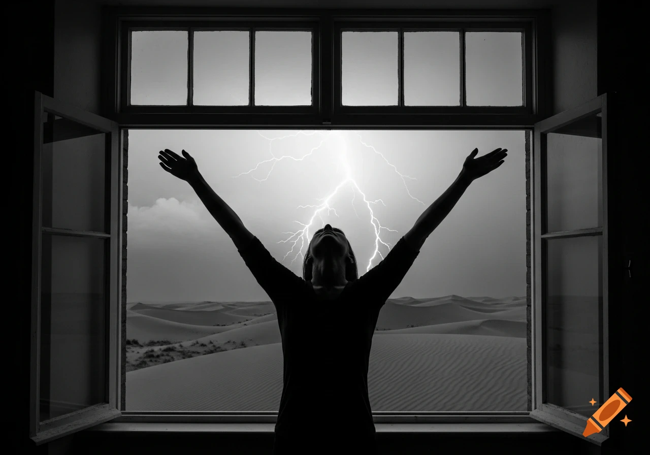 Black and white image of a silhouetted woman with raised arms, looking up at a lightning bolt over a desert through a window.