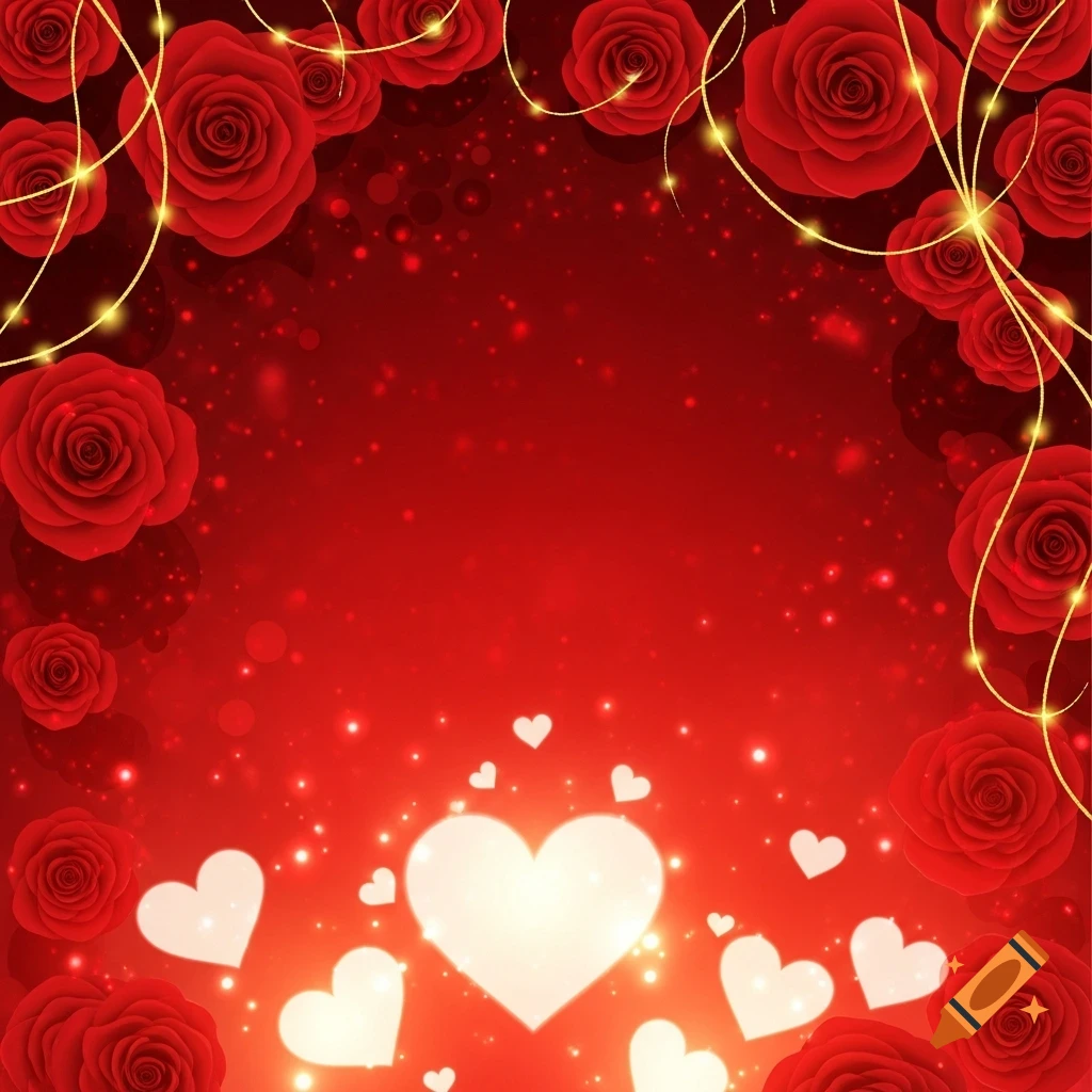 A red background with red roses, golden string lights, and glowing white hearts.