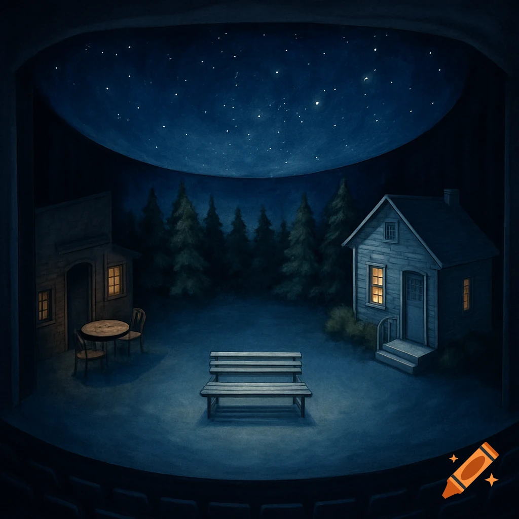 Overhead view of a theatrical stage set at night with a starry sky, houses, trees, and a park bench.