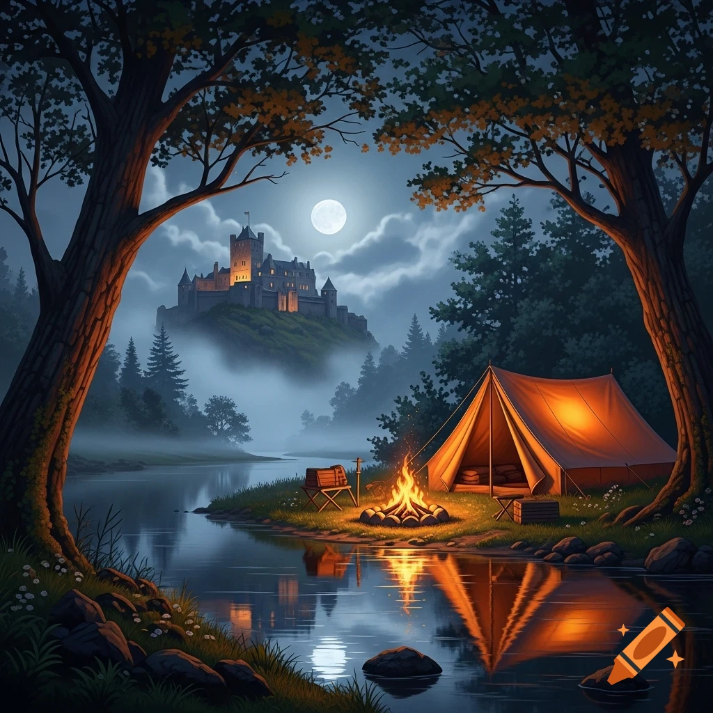Stylized illustration of a glowing tent and campfire by a river, with a majestic, illuminated castle on a misty hill under a full moon.