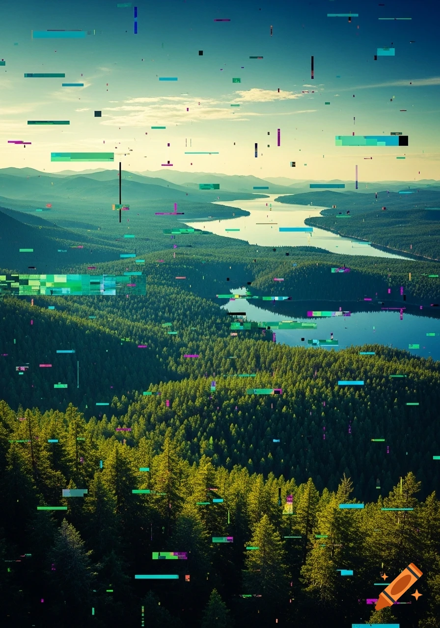 A scenic view of a winding river through a forest and mountains, digitally transformed with colorful glitch art pixel distortions.