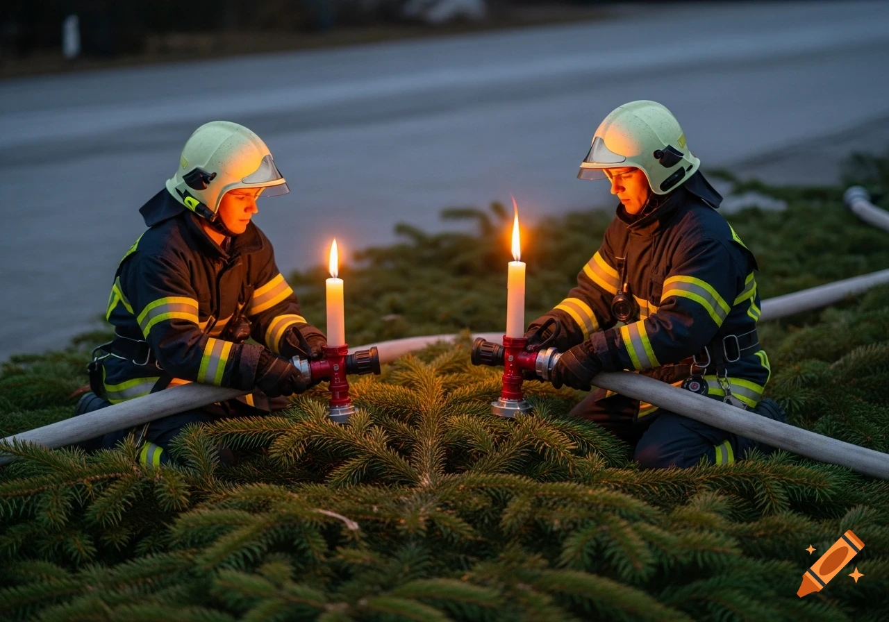 Two firefighters kneel on evergreen branches, holding hoses with candles burning from their nozzles, in a warm, wintery light.