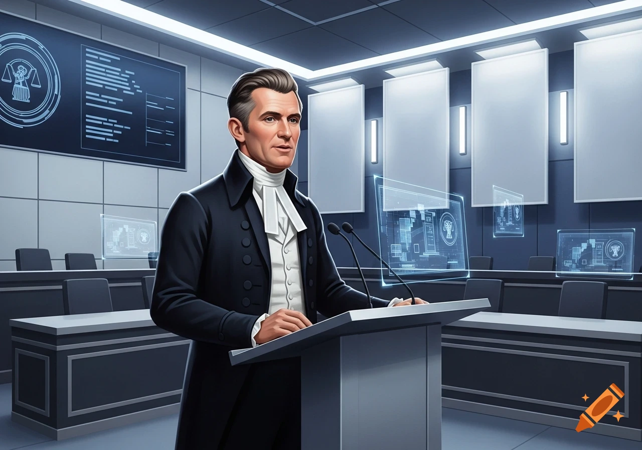 A man in historical formal attire with a modern hairstyle speaks at a podium in a futuristic conference room with holographic screens.