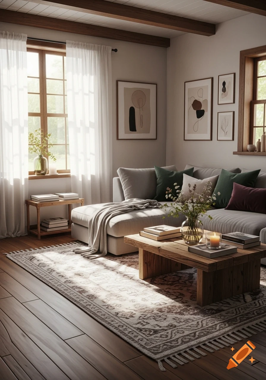 A light-filled, cozy modern rustic living room with a large sofa, wooden coffee table, patterned rug, and sheer curtains.